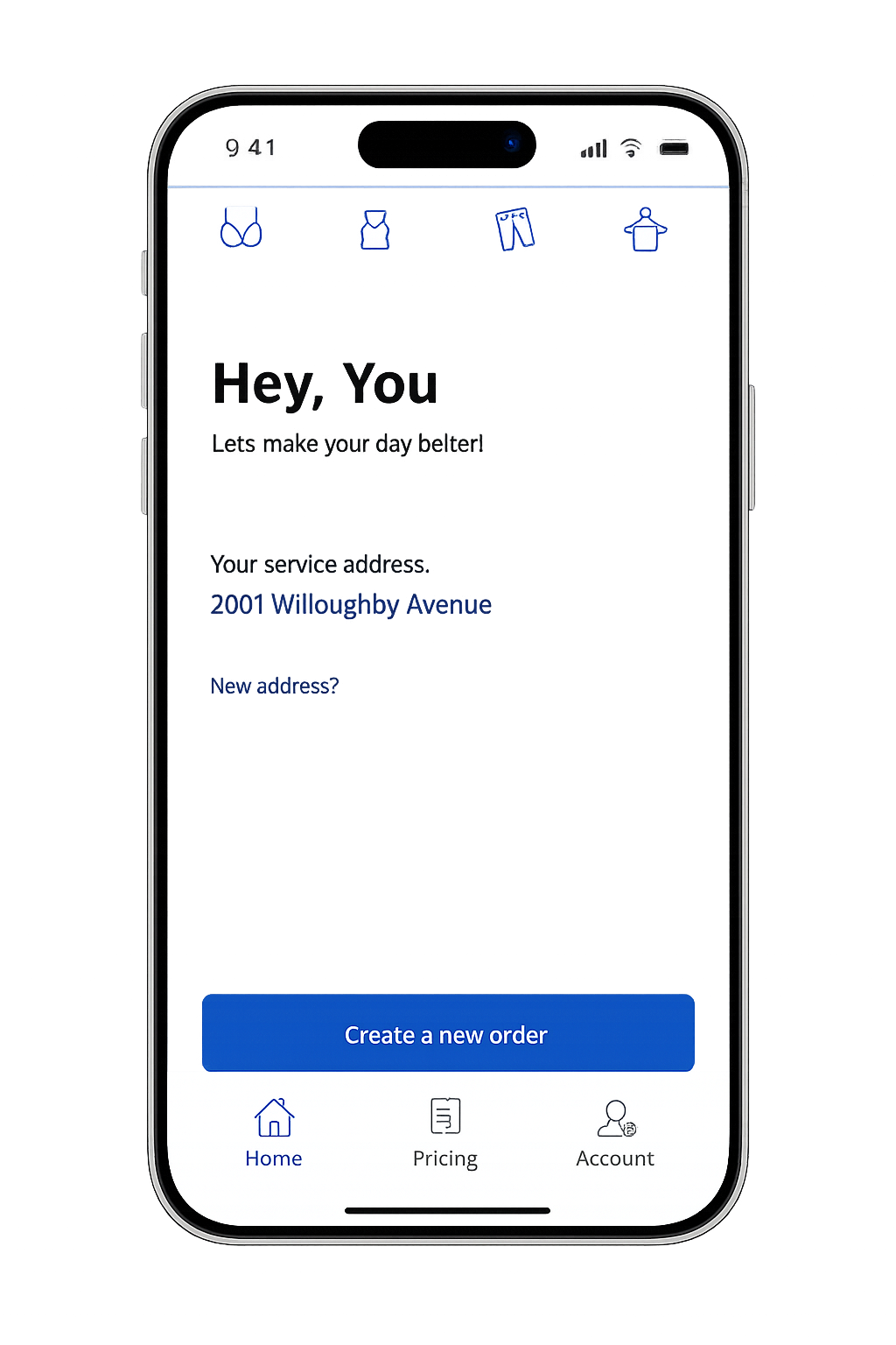 Launder app home screen